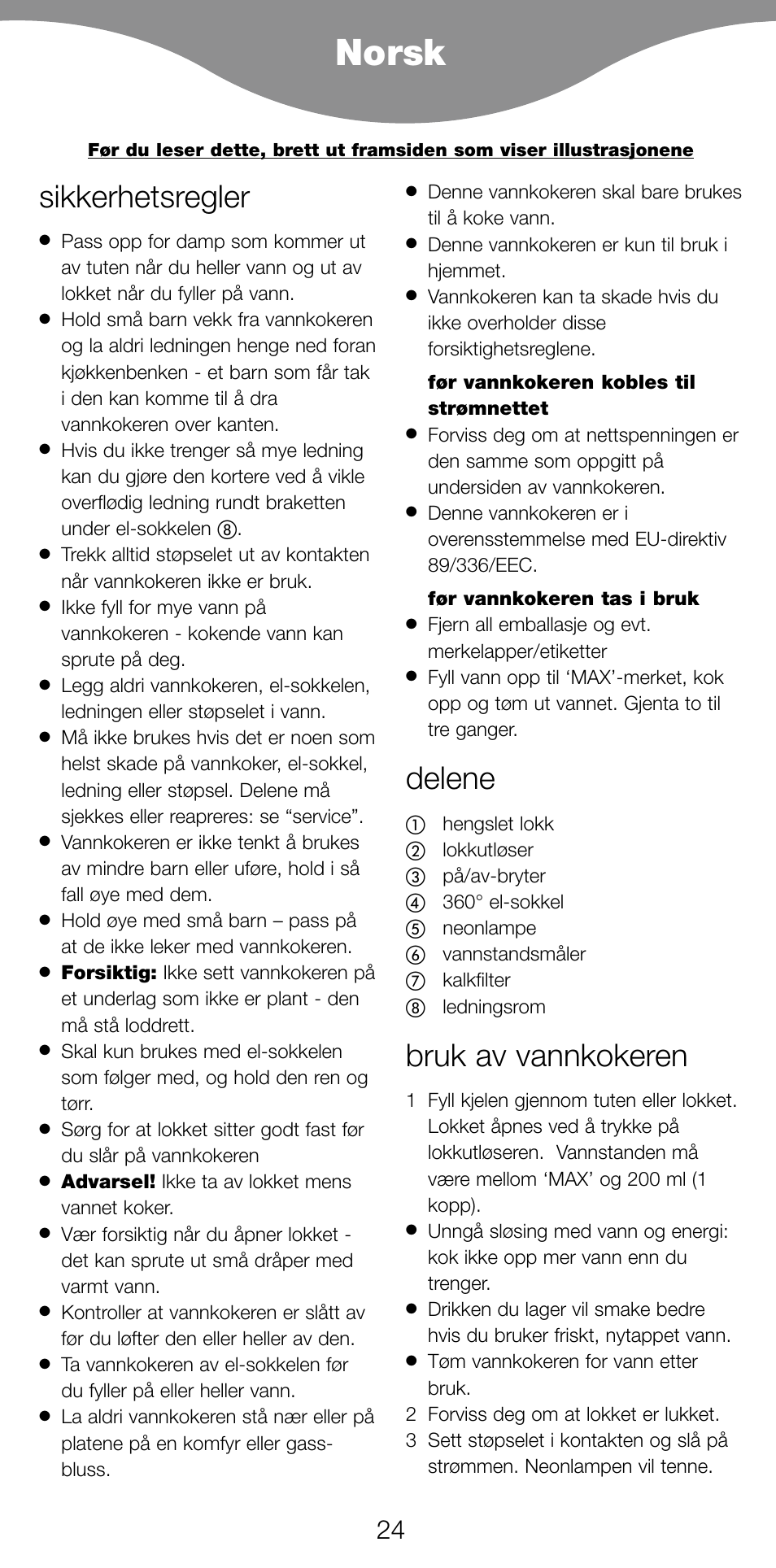 Norsk, Sikkerhetsregler, Delene | Bruk av vannkokeren | Kenwood JK940 User Manual | Page 27 / 44