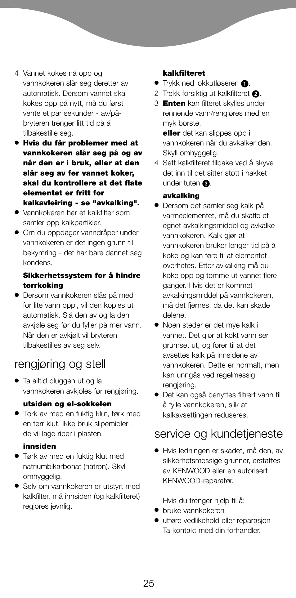 Rengjøring og stell, Service og kundetjeneste | Kenwood JK940 User Manual | Page 28 / 44