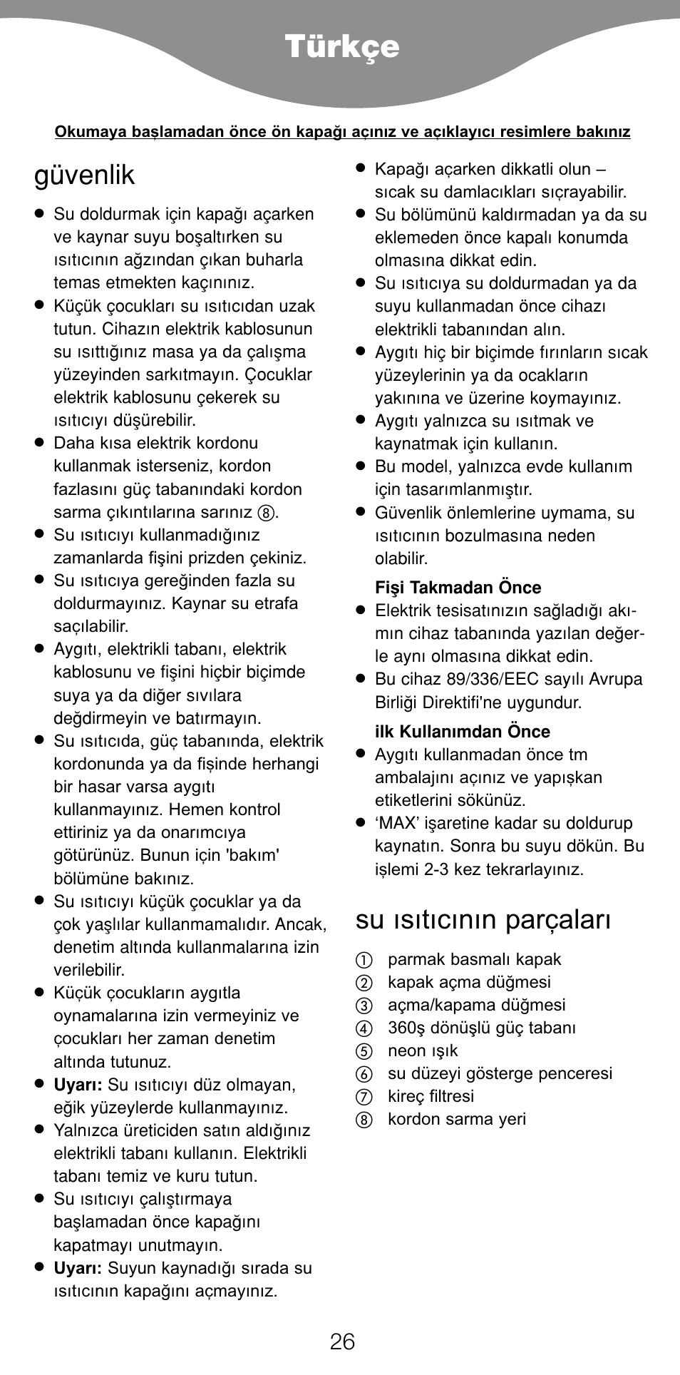 Türkçe, Güvenlik, Su ısıtıcının parçaları | Kenwood JK940 User Manual | Page 29 / 44