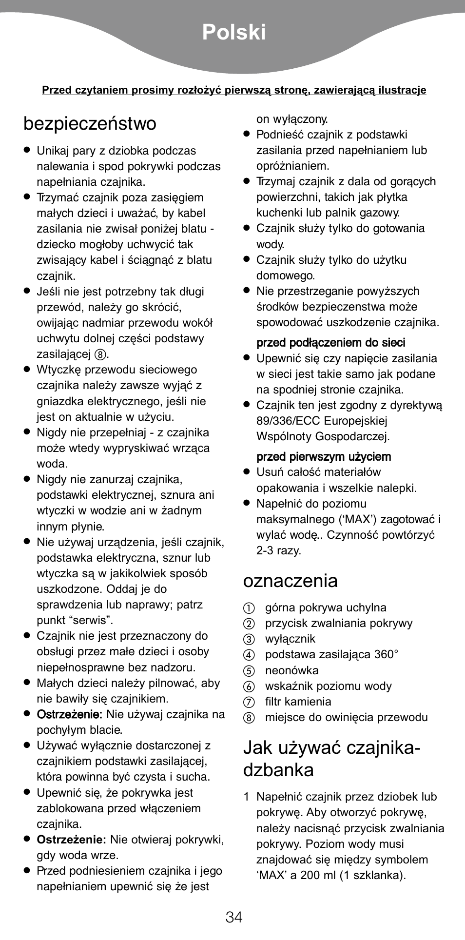 Polski, Bezpieczeństwo, Oznaczenia | Jak u¯ywaç czajnika- dzbanka | Kenwood JK940 User Manual | Page 37 / 44