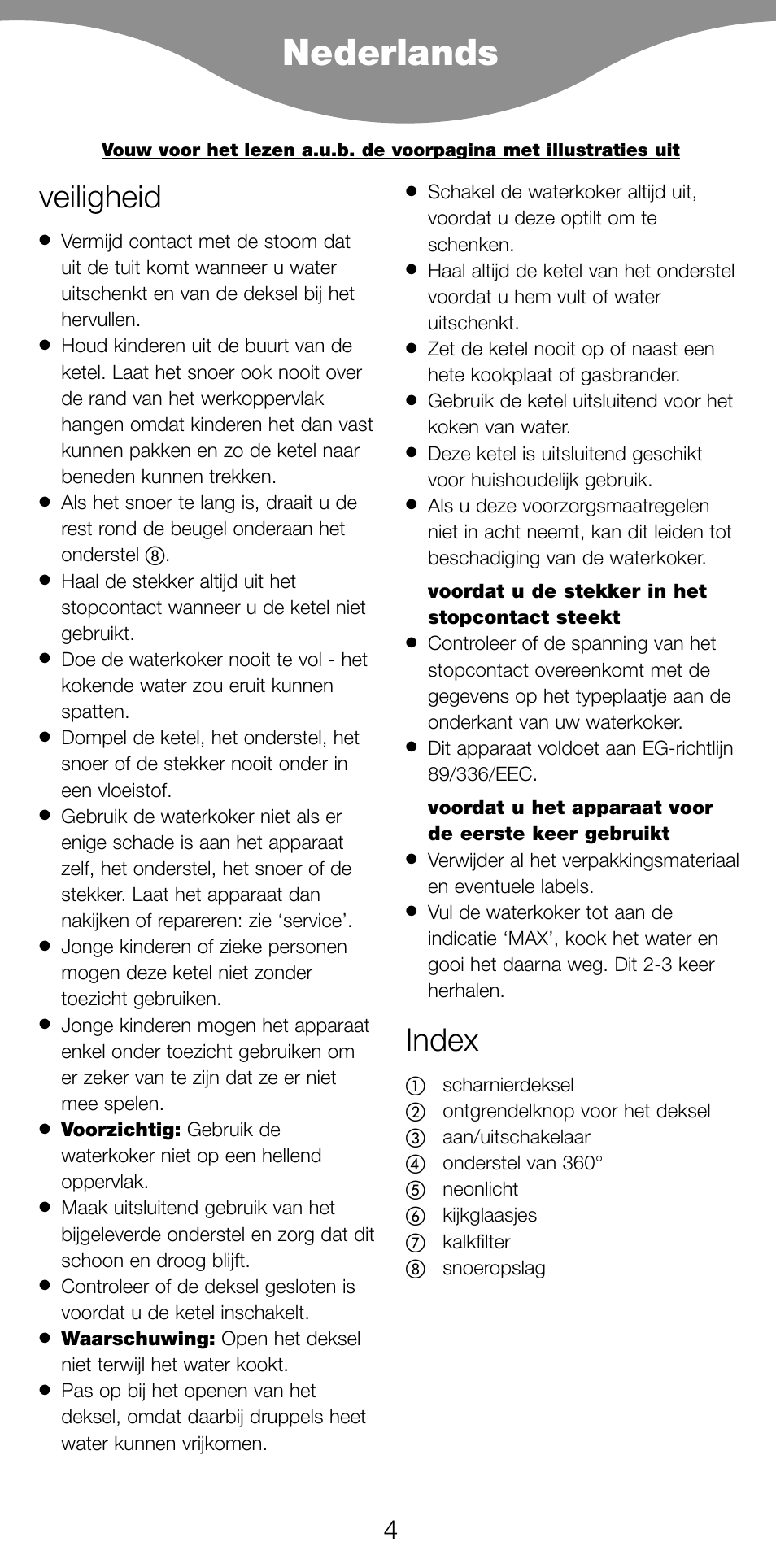 Nederlands, Veiligheid, Index | Kenwood JK940 User Manual | Page 7 / 44