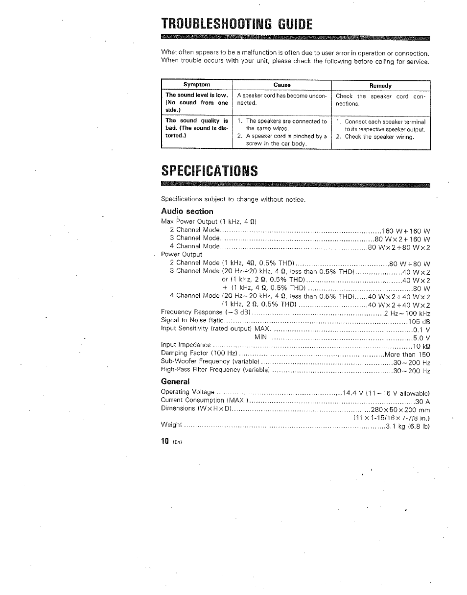 Troubleshooting guide, Specifications, 10 (efi) | Kenwood KAC 941 User Manual | Page 6 / 6