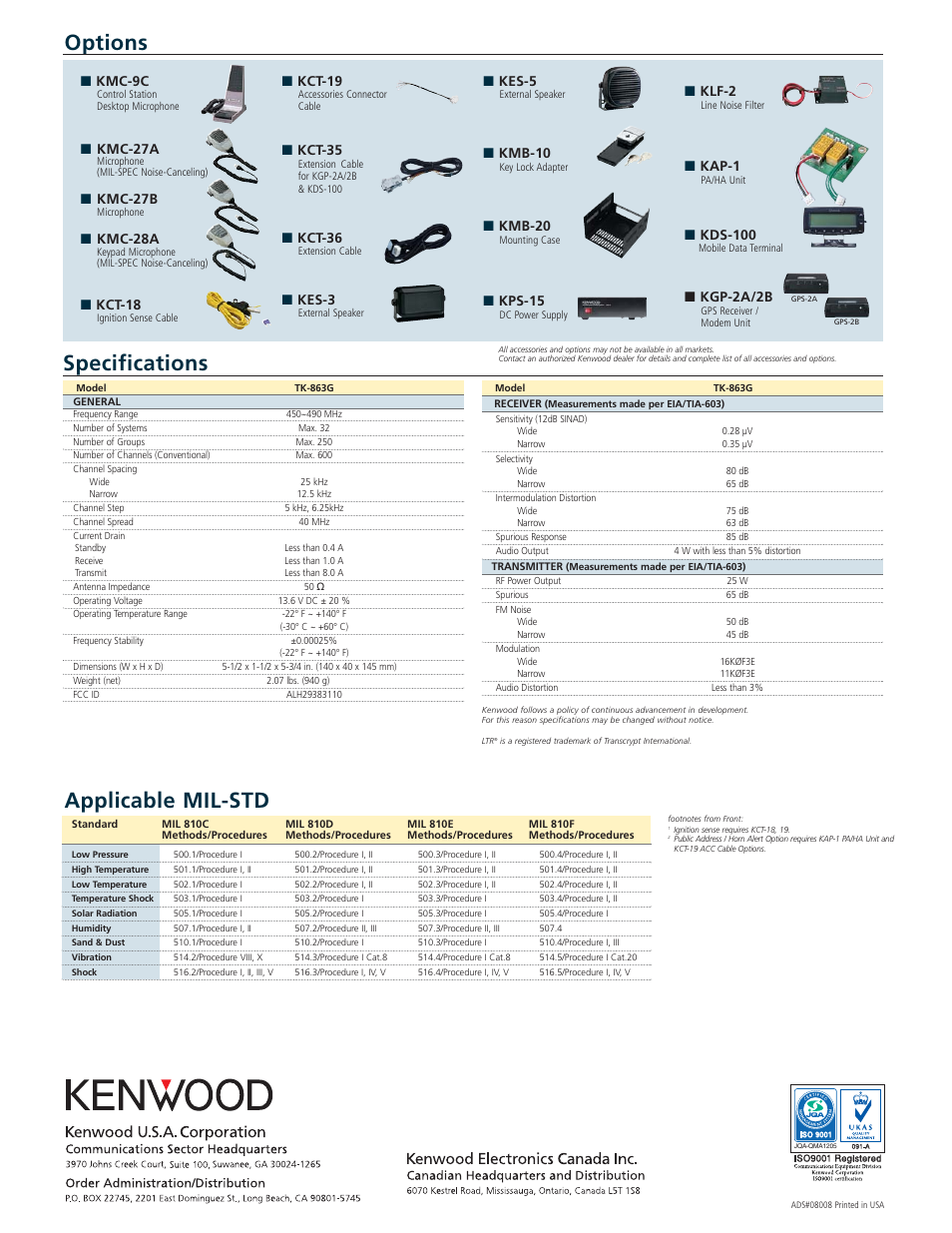 Options specifications, Applicable mil-std, Kmc-9c | Kmc-27a, Kmc-27b, Kmc-28a, Kct-18, Kct-19, Kct-35, Kct-36 | Kenwood TK-863G User Manual | Page 2 / 2