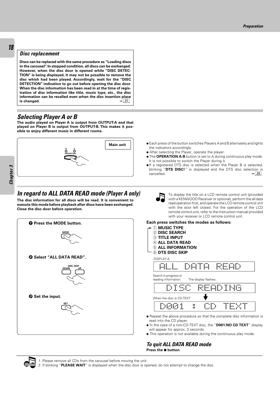 Selecting player a or b | Kenwood CD-4900M User Manual | Page 18 / 44