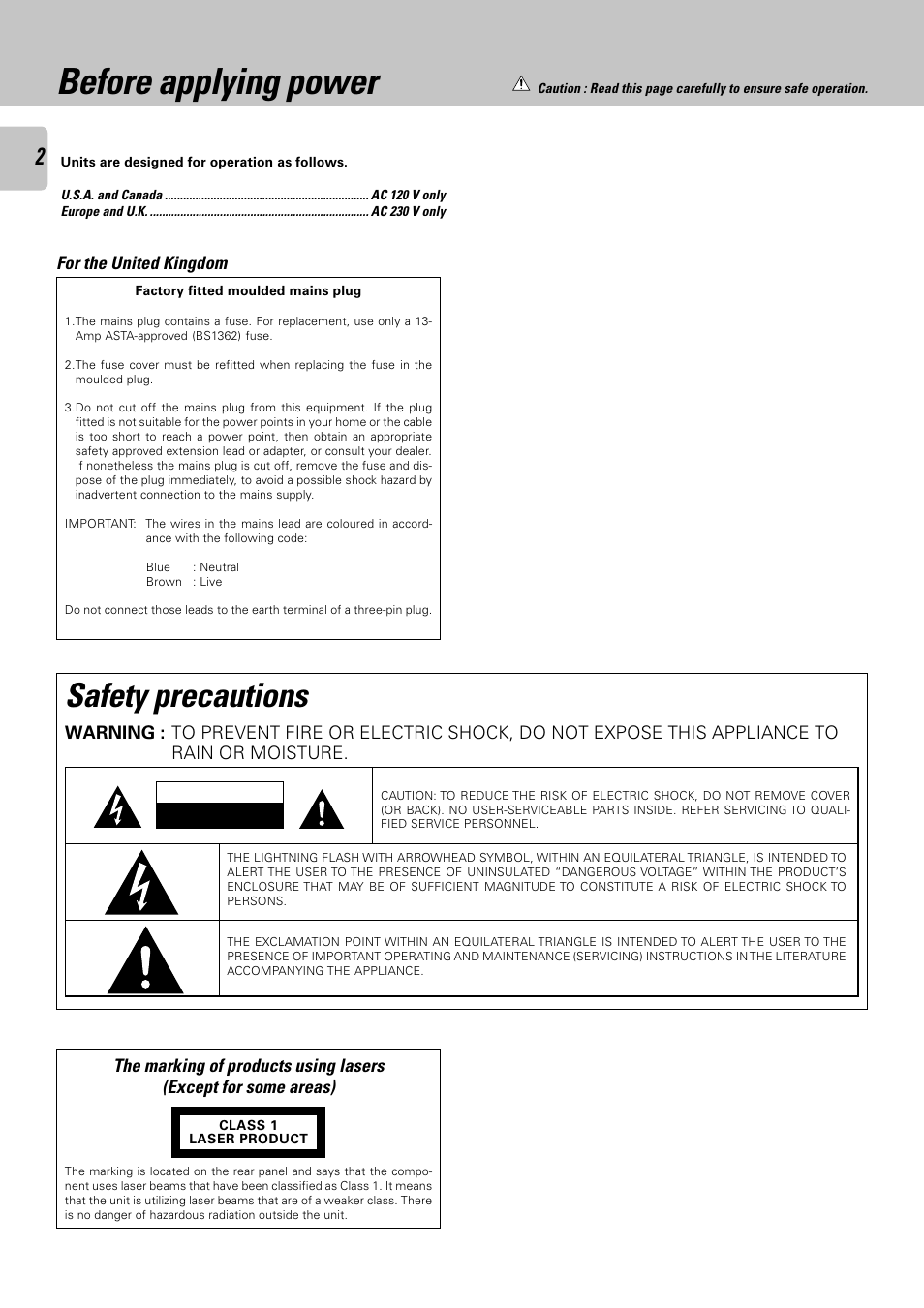 Before applying power, Safety precautions, For the united kingdom | Kenwood CD-4900M User Manual | Page 2 / 44