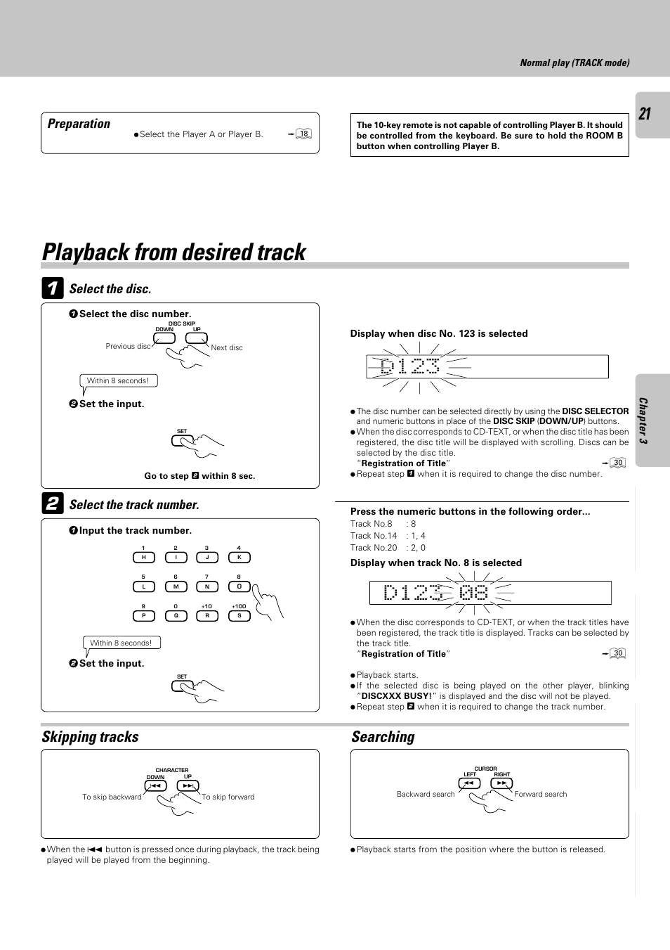 Playback from desired track, Skipping tracks, Searching | Select the disc, Select the track number, Preparation | Kenwood CD-4900M User Manual | Page 21 / 44