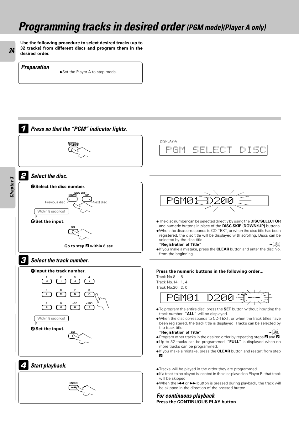 Programming tracks in desired order, Pgm mode)(player a only) | Kenwood CD-4900M User Manual | Page 24 / 44