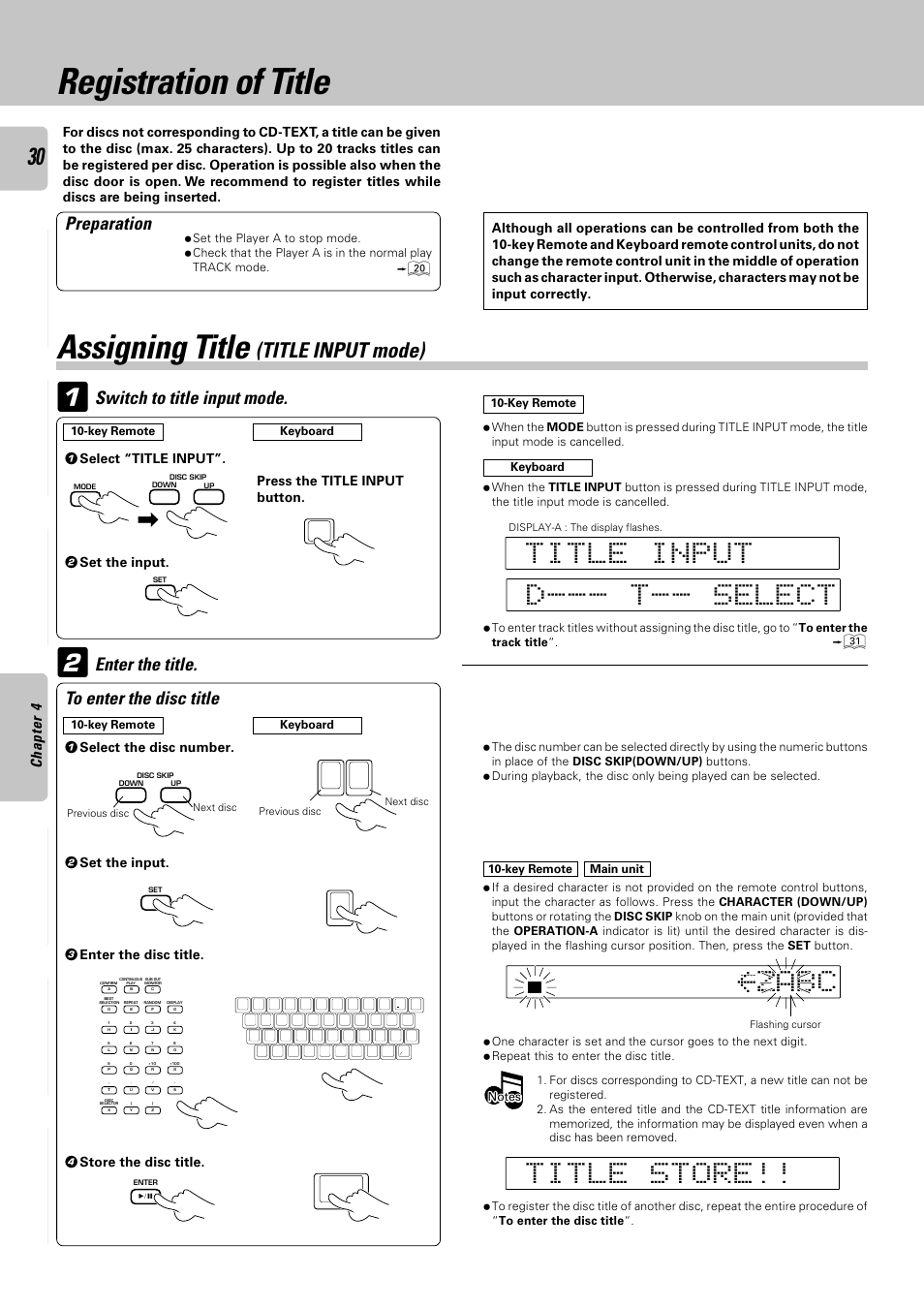 Registration of title, Assigning title, Ca z b | Title input mode), Switch to title input mode, Preparation, Enter the title | Kenwood CD-4900M User Manual | Page 30 / 44