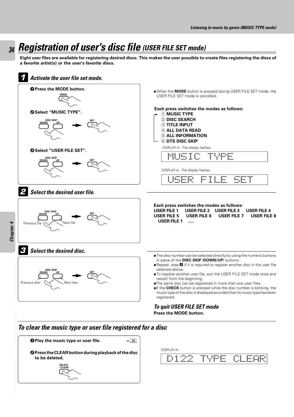 Registration of user's disc file, User file set mode) | Kenwood CD-4900M User Manual | Page 34 / 44