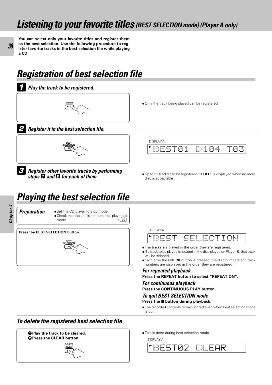 Listening to your favorite titles, Playing the best selection file, Registration of best selection file | Kenwood CD-4900M User Manual | Page 38 / 44