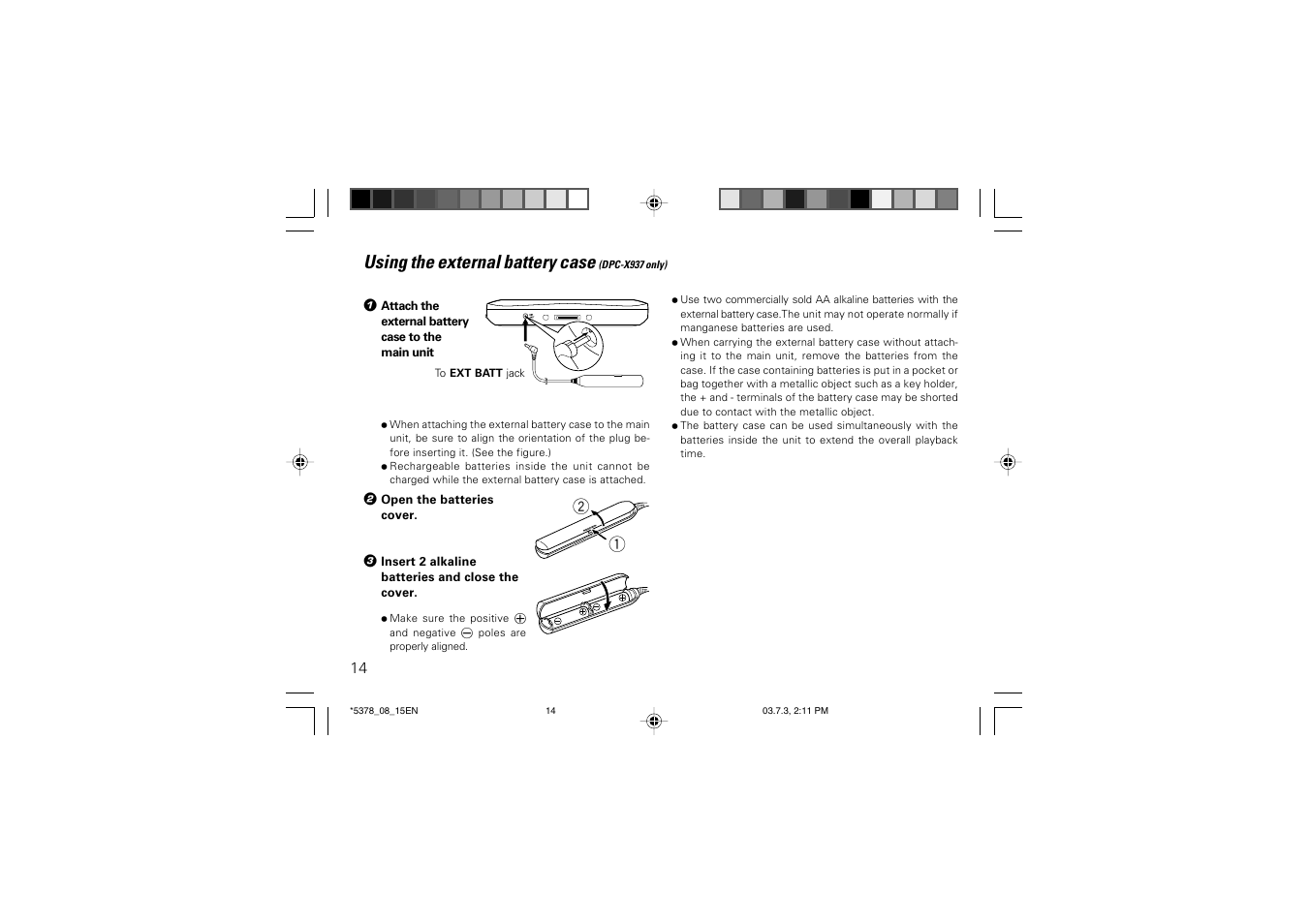 Using the external battery case | Kenwood DPC-X937 User Manual | Page 14 / 44