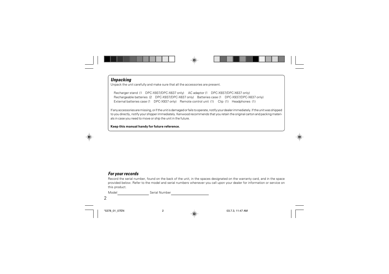 Unpacking, For your records | Kenwood DPC-X937 User Manual | Page 2 / 44