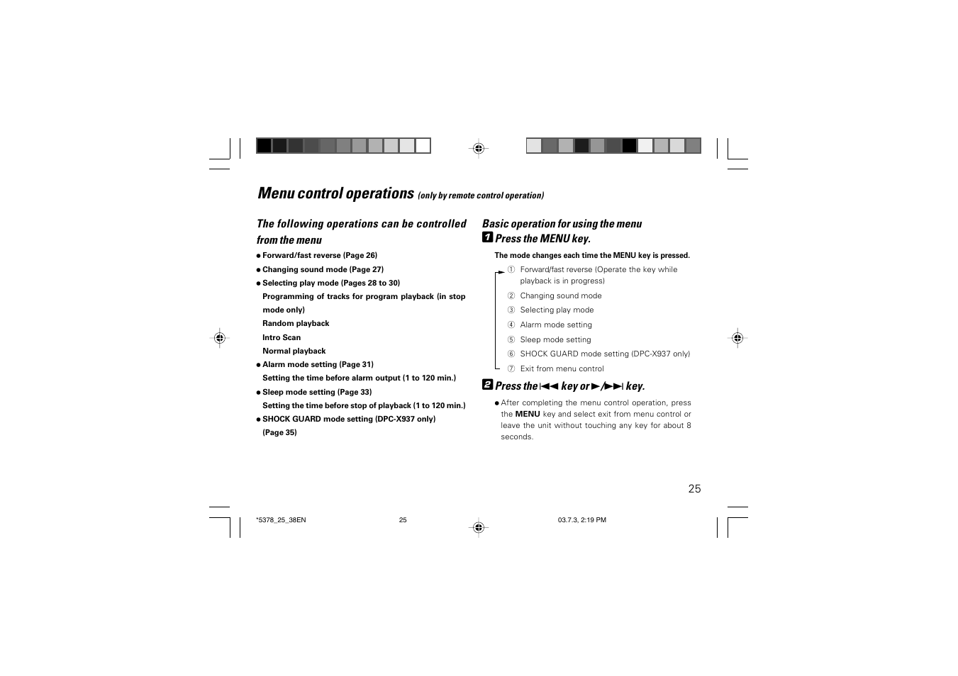 Menu control operations | Kenwood DPC-X937 User Manual | Page 25 / 44