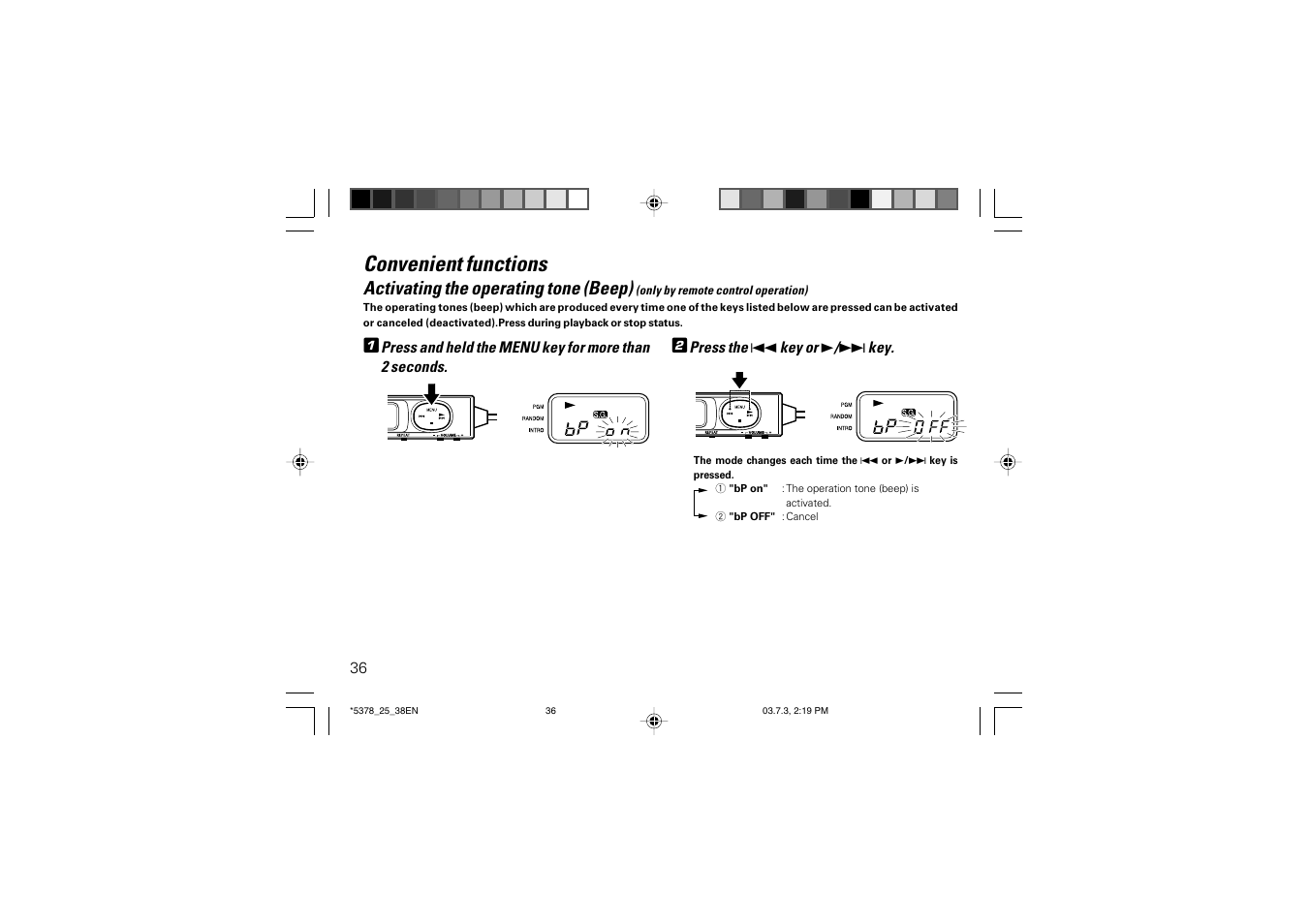 Convenient functions, Activating the operating tone (beep) | Kenwood DPC-X937 User Manual | Page 36 / 44