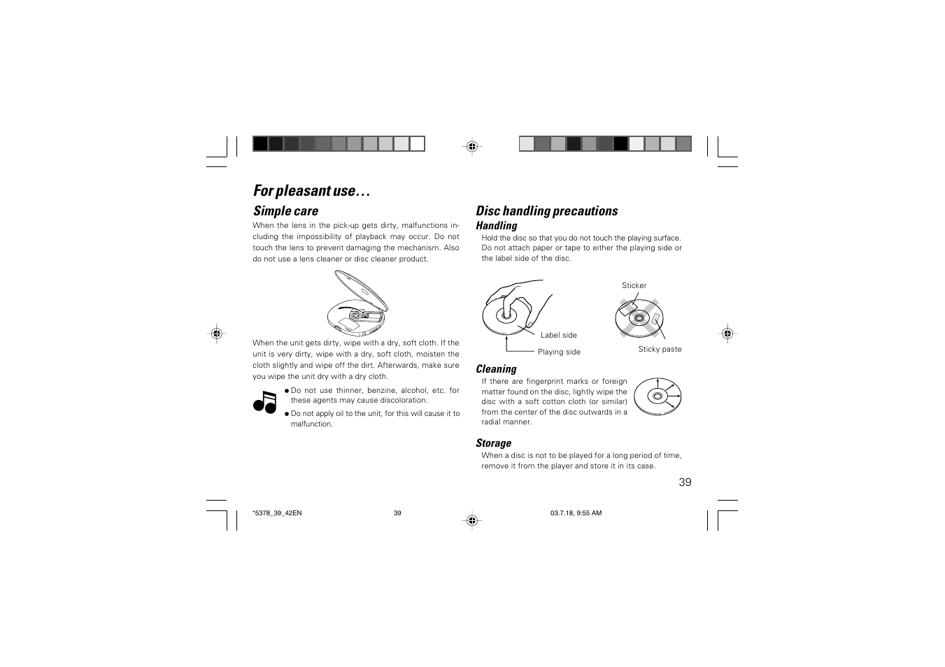 For pleasant use, Simple care, Disc handling precautions | Kenwood DPC-X937 User Manual | Page 39 / 44