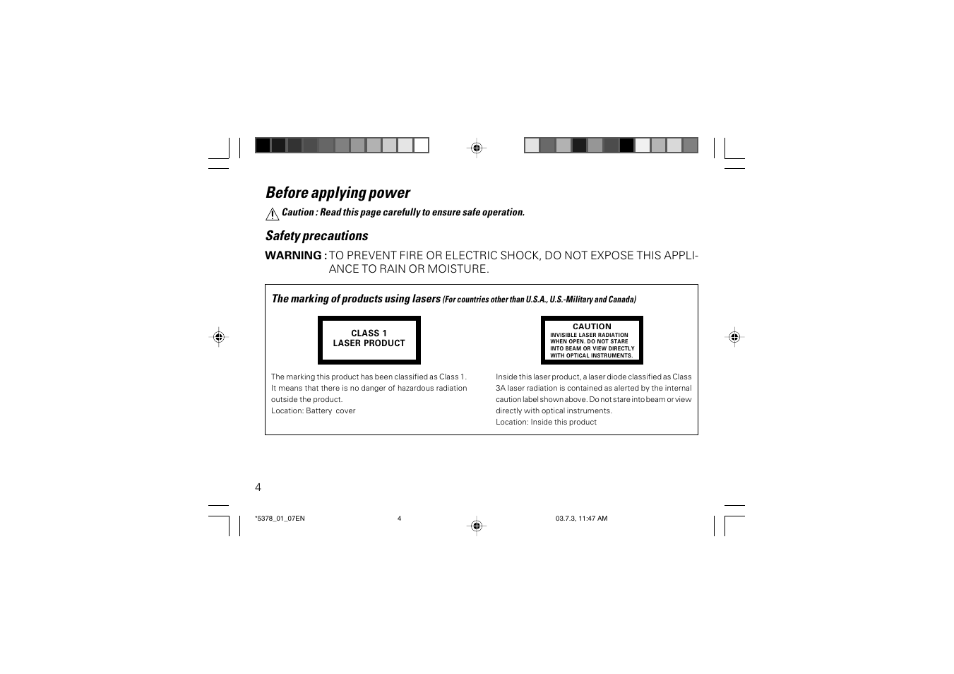 Before applying power, Safety precautions | Kenwood DPC-X937 User Manual | Page 4 / 44