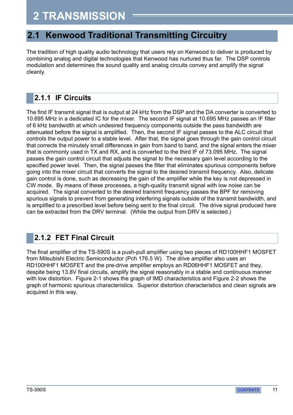 Transmission, 1 kenwood traditional transmitting circuitry, 1 if circuits | 2 fet final circuit, 2 transmission, 1 kenwood traditional transmitting, Circuitry, If circuits, Fet final circuit | Kenwood 50 MHZ ALL MODE TRANSCEIVER TS-590S User Manual | Page 17 / 76