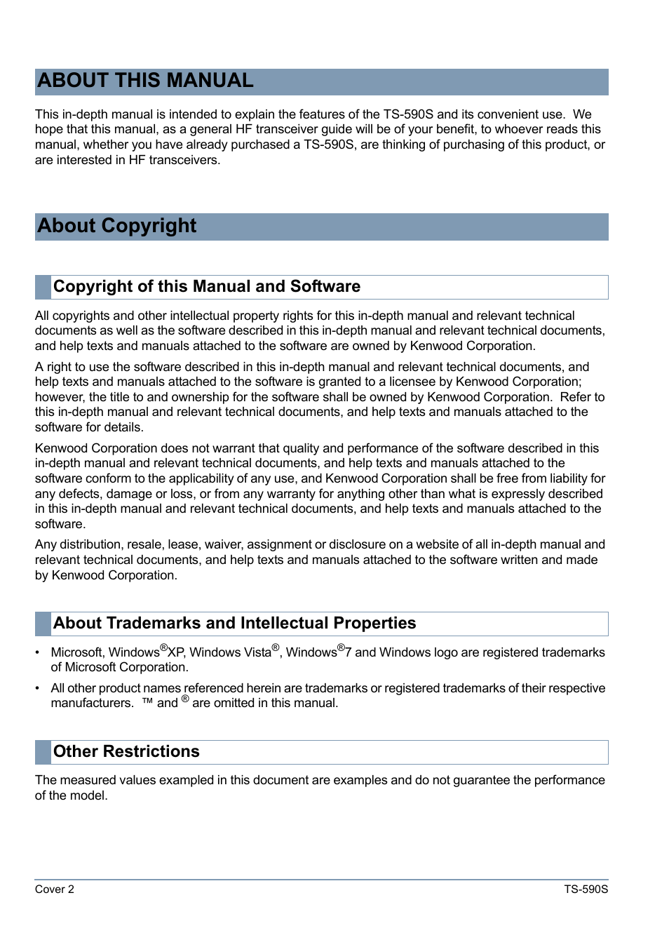 About this manual about copyright | Kenwood 50 MHZ ALL MODE TRANSCEIVER TS-590S User Manual | Page 2 / 76