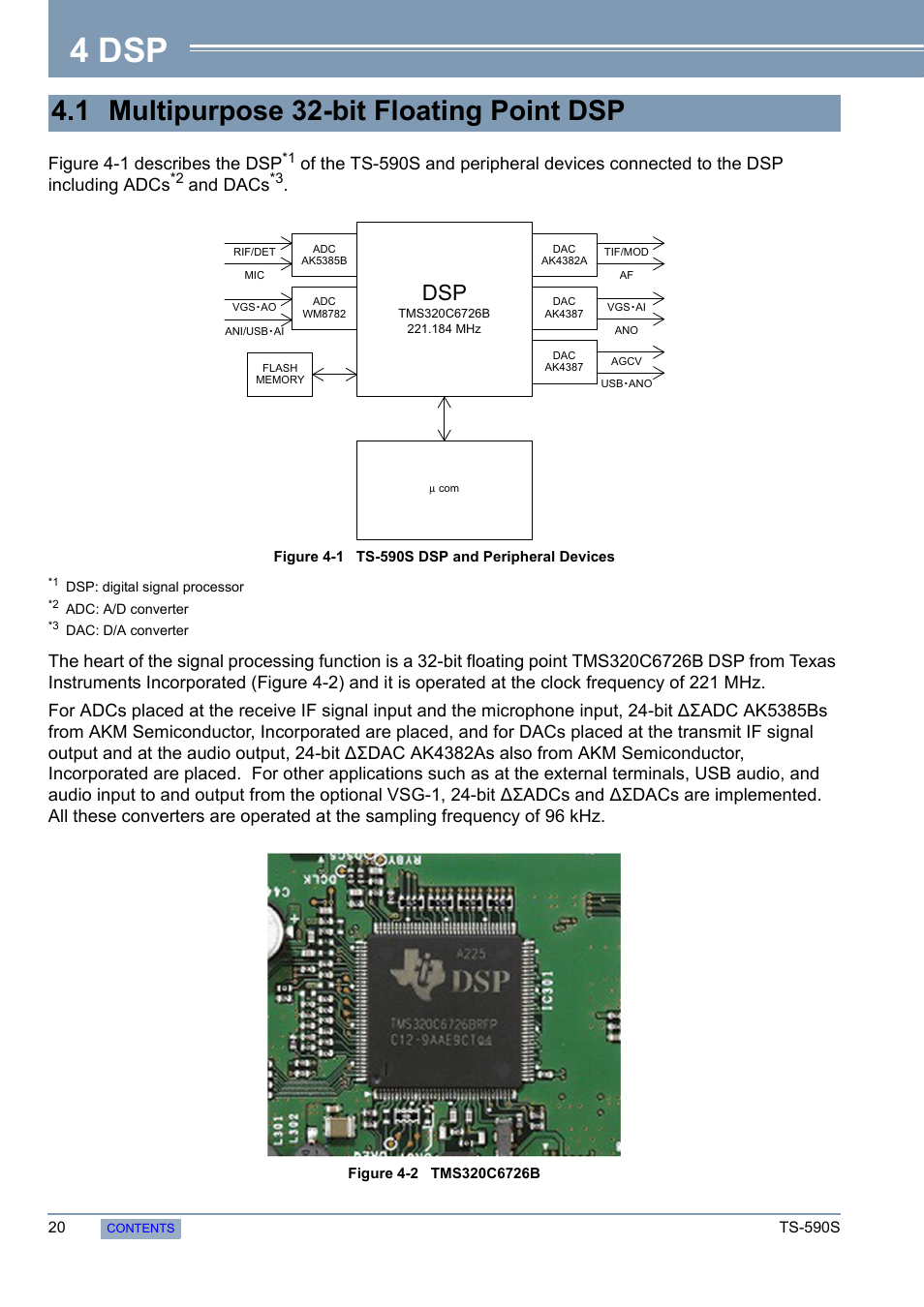1 multipurpose 32-bit floating point dsp, 4 dsp, 1 multipurpose 32-bit floating point | Figure 4-1 describes the dsp, And dacs | Kenwood 50 MHZ ALL MODE TRANSCEIVER TS-590S User Manual | Page 26 / 76