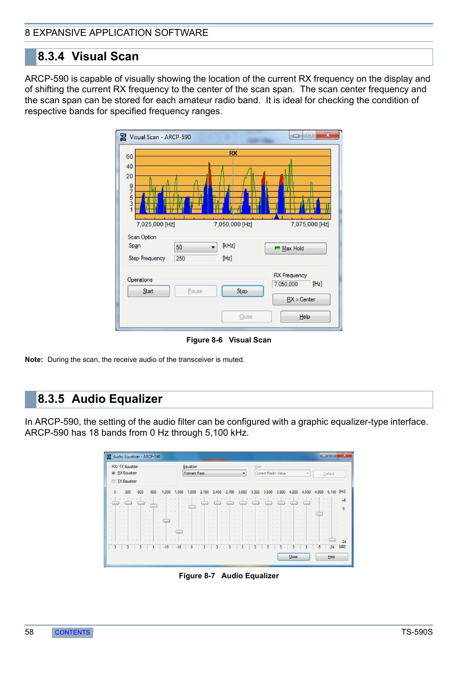 4 visual scan, 5 audio equalizer, Visual scan | Audio equalizer, 4 visual scan 8.3.5 audio equalizer | Kenwood 50 MHZ ALL MODE TRANSCEIVER TS-590S User Manual | Page 64 / 76
