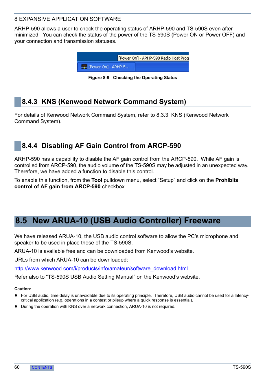 3 kns (kenwood network command system), 4 disabling af gain control from arcp-590, 5 new arua-10 (usb audio controller) freeware | Kns (kenwood network command system), Disabling af gain control from arcp-590, 5 new arua-10 (usb audio controller), Freeware | Kenwood 50 MHZ ALL MODE TRANSCEIVER TS-590S User Manual | Page 66 / 76