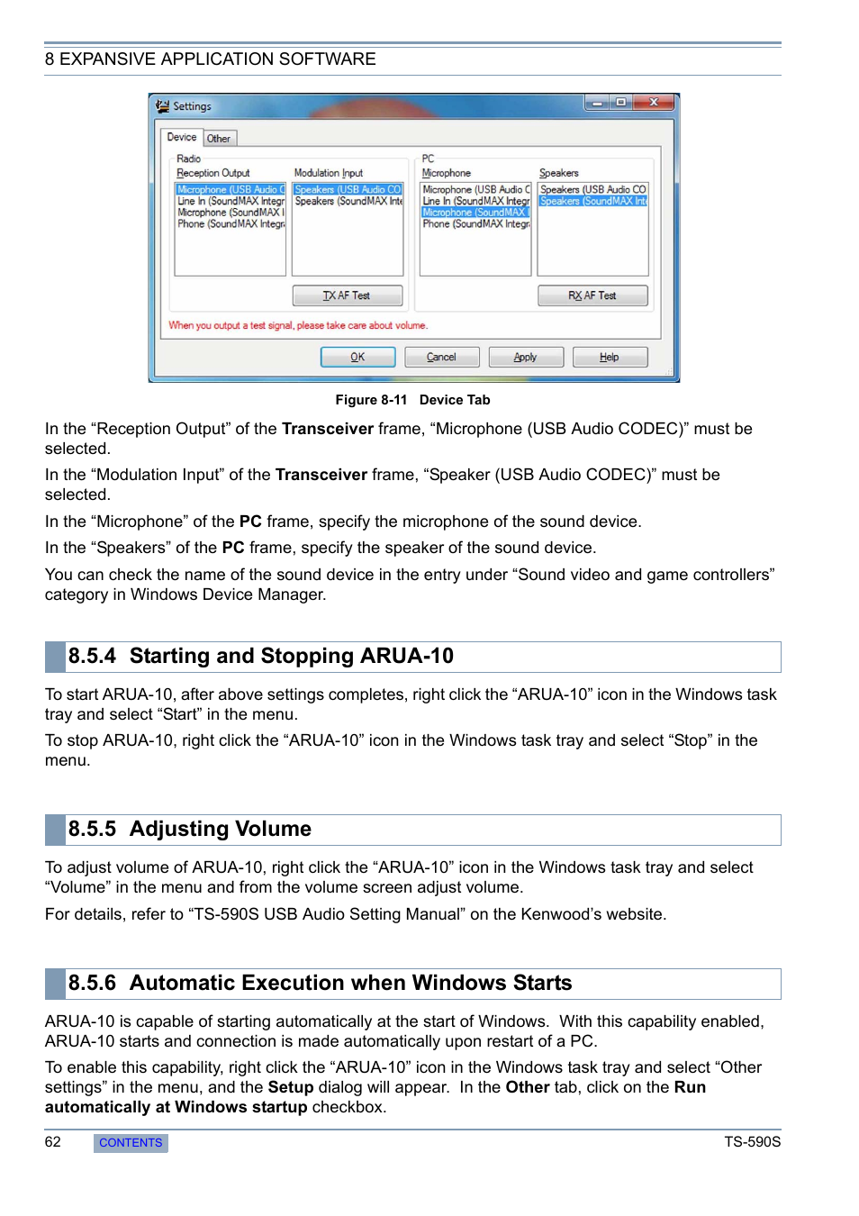 4 starting and stopping arua-10, 5 adjusting volume, 6 automatic execution when windows starts | Starting and stopping arua-10, Adjusting volume, Automatic execution when windows starts | Kenwood 50 MHZ ALL MODE TRANSCEIVER TS-590S User Manual | Page 68 / 76
