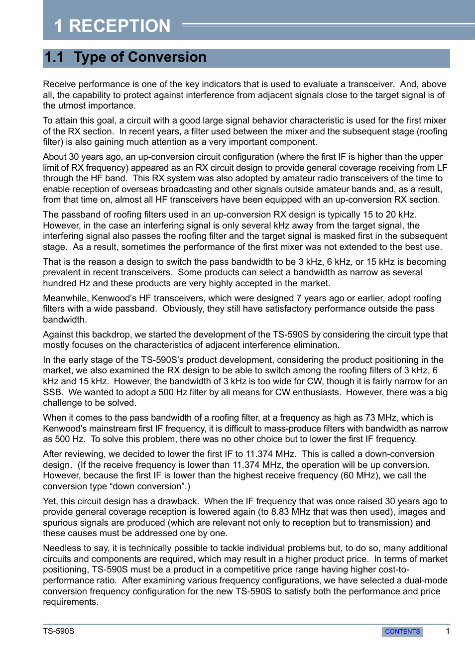 Reception, 1 type of conversion, 1 reception | Kenwood 50 MHZ ALL MODE TRANSCEIVER TS-590S User Manual | Page 7 / 76