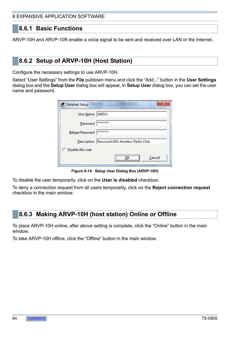 1 basic functions, 2 setup of arvp-10h (host station), 3 making arvp-10h (host station) online or offline | Basic functions, Setup of arvp-10h (host station), Making arvp-10h (host station) online or offline | Kenwood 50 MHZ ALL MODE TRANSCEIVER TS-590S User Manual | Page 70 / 76