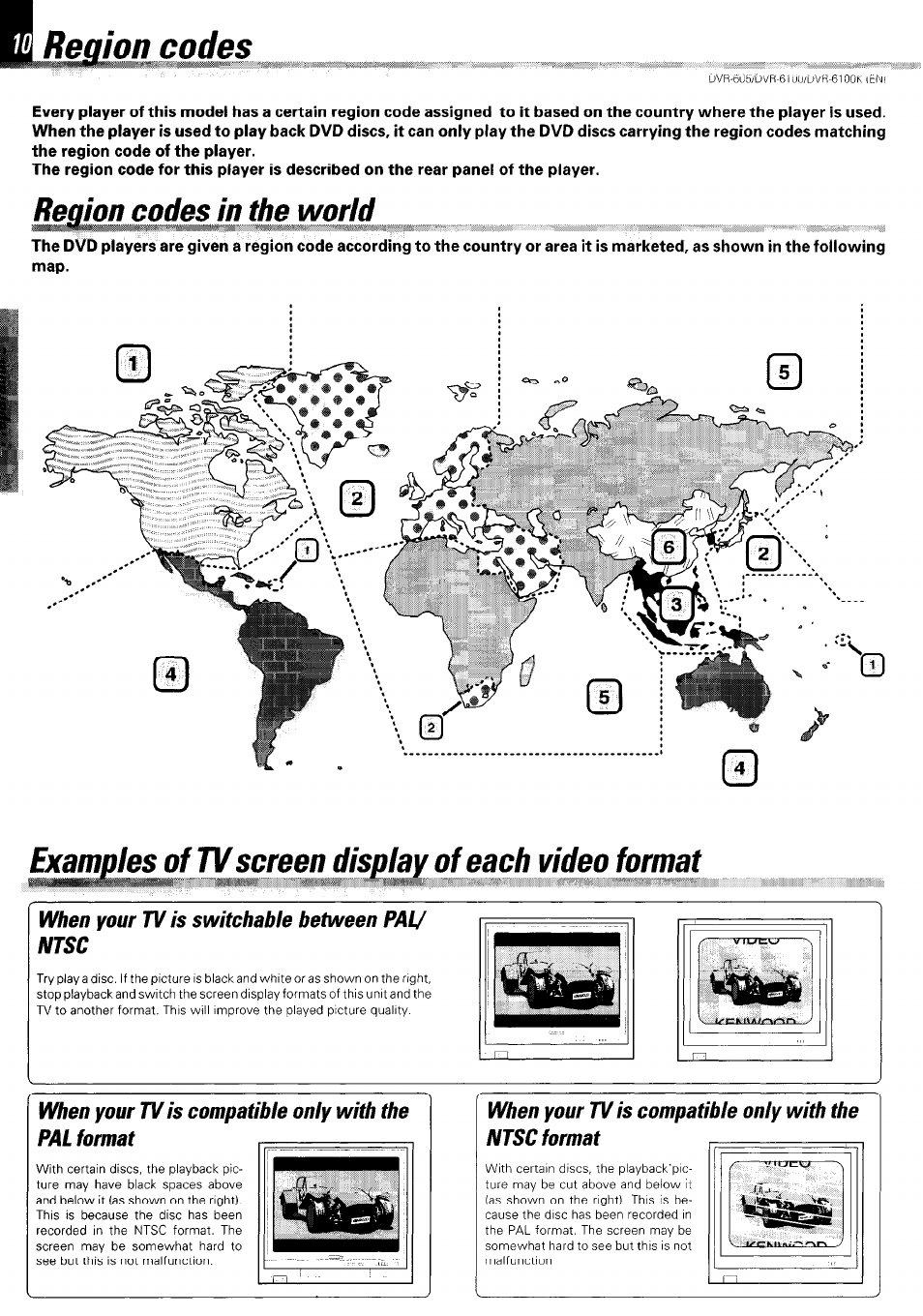 Region codes, Region codes in the world, Examples of tv screen display of each video format | When your tv is switchable between pal/ ntsc | Kenwood DVR-6100 User Manual | Page 10 / 76