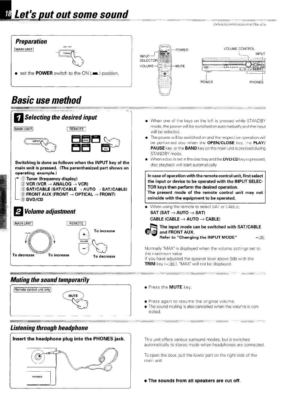 Let's put out some sound, Preparation, Basic use method | Selecting the desired input, Q volume adjustment, Muting the sound temporarily, Listening through headphone, Volume adjustment, Rpbiell, C input | Kenwood DVR-6100 User Manual | Page 18 / 76