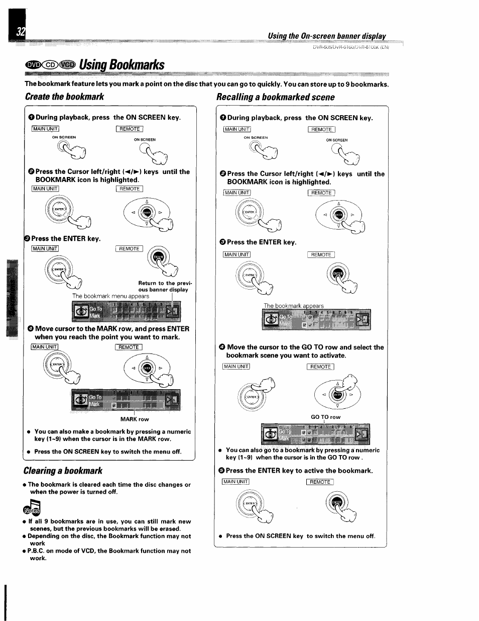 Using bookmarks, Create the bookmark recalling a bookmarked scene, Clearing a bookmark | L>'-l | Kenwood DVR-6100 User Manual | Page 32 / 76