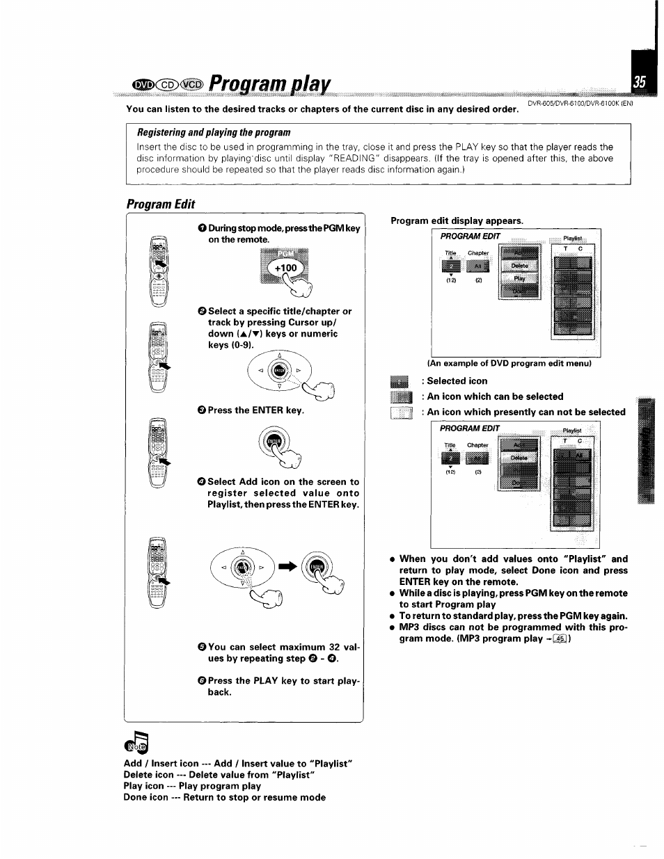 Program play, Program edit | Kenwood DVR-6100 User Manual | Page 35 / 76