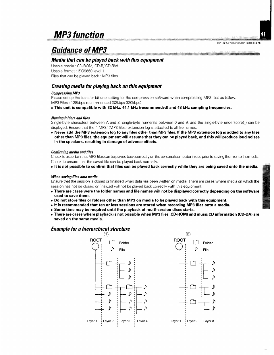 Mp3 function, Guidoncb of mp3, Media that can be played back with this equipment | Creating media for playing back on this equipment, Example for a hierarchical structure, Guidance of mp3 | Kenwood DVR-6100 User Manual | Page 41 / 76