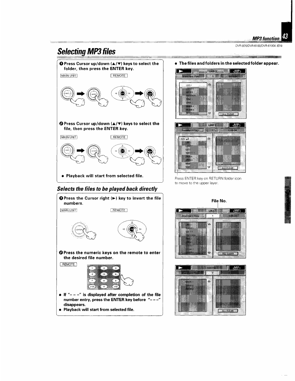 Selecting mp3 files, Selects the files to be played back directly | Kenwood DVR-6100 User Manual | Page 43 / 76