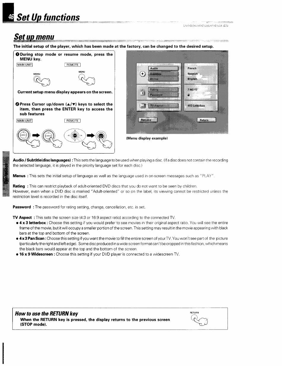 S^tupmenu, How to use the return key, Set up menu | Set up functions | Kenwood DVR-6100 User Manual | Page 46 / 76