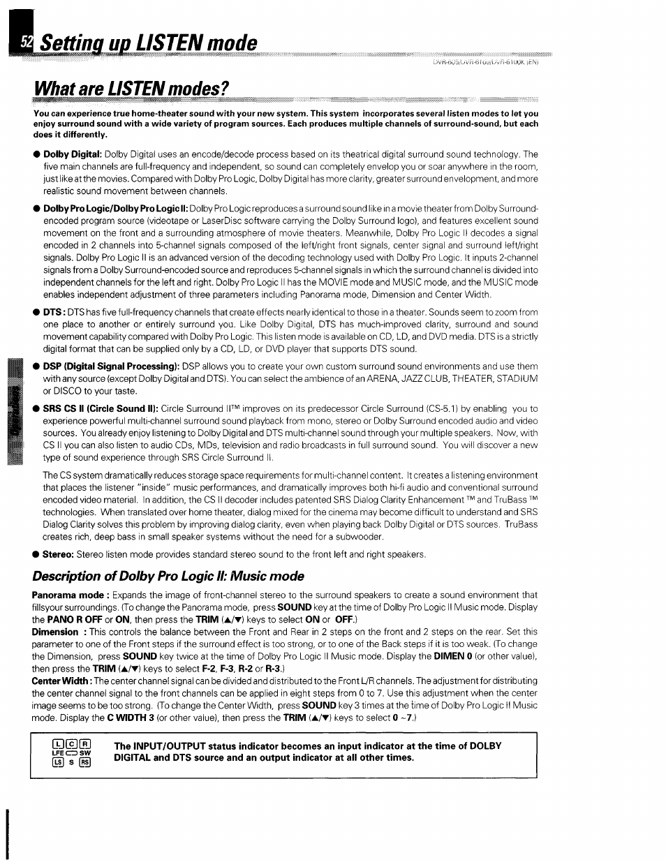 What are listen modes, Description of dolby pro logic ii: music mode, Listen mode | Kenwood DVR-6100 User Manual | Page 52 / 76