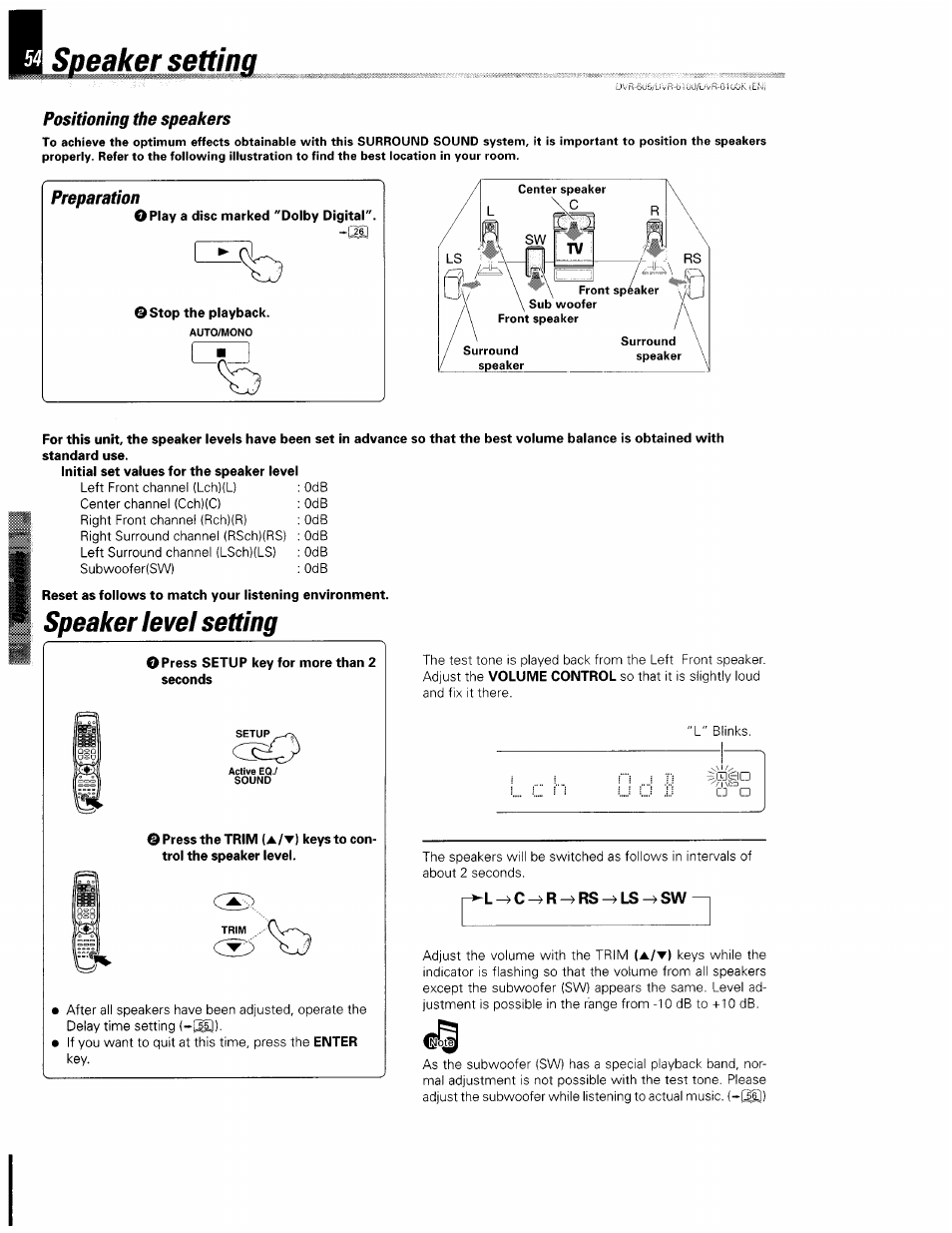 Speaker setting, Positioning the speakers, Preparation | Speaker level setting, L^c^r^rs^ls^sw | Kenwood DVR-6100 User Manual | Page 54 / 76