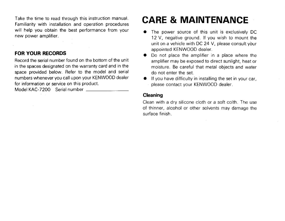 For your records, Care & maintenance, Cleaning | Kenwood KAC-7200 User Manual | Page 5 / 6