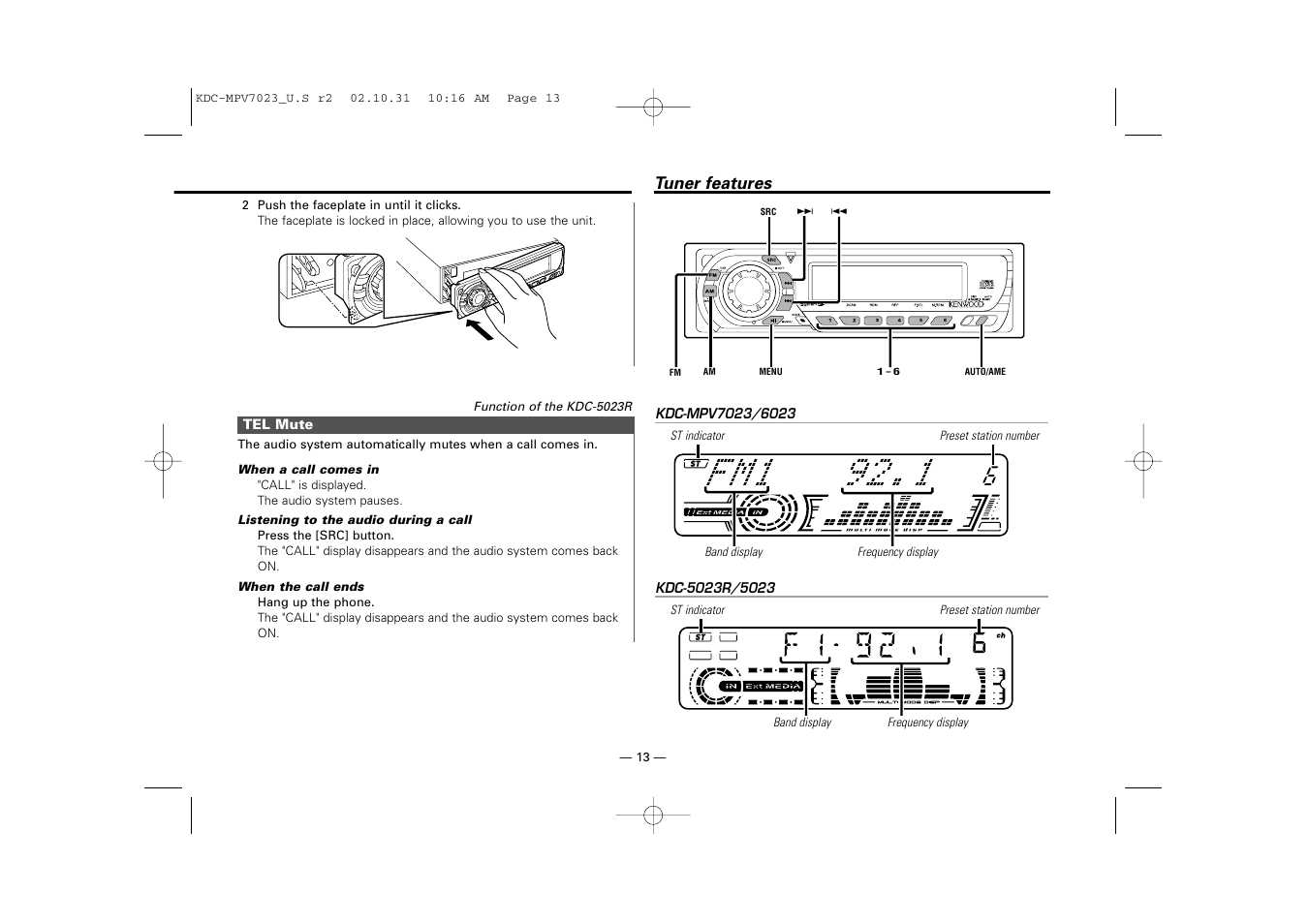 Tuner features | Kenwood KDC-MPV7023 User Manual | Page 13 / 44