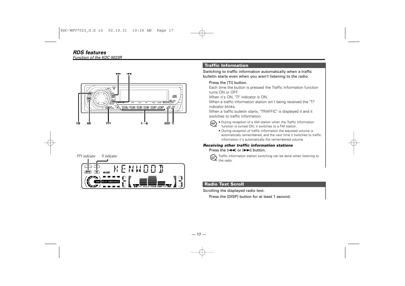 Rds features | Kenwood KDC-MPV7023 User Manual | Page 17 / 44