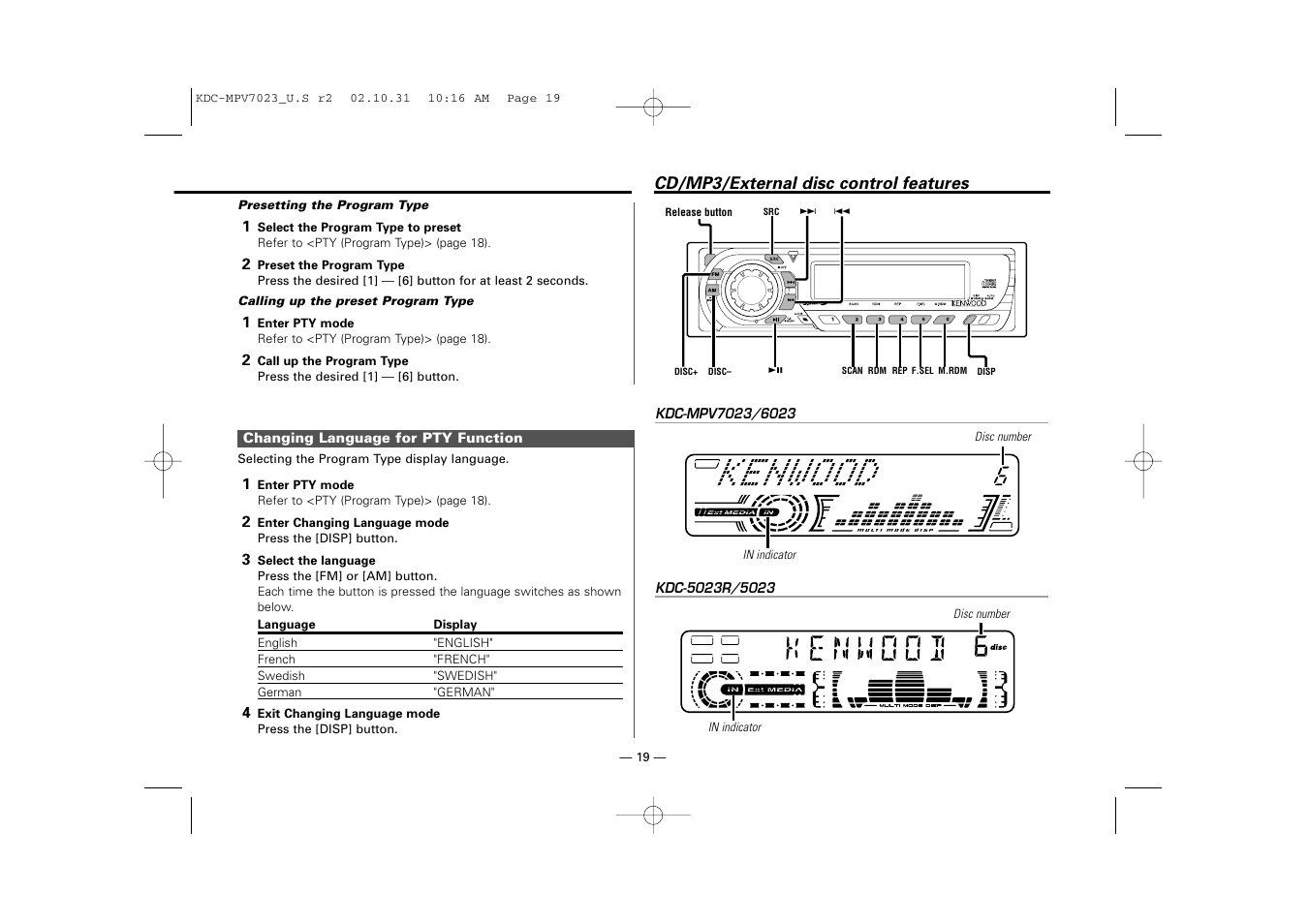 Cd/mp3/external disc control features | Kenwood KDC-MPV7023 User Manual | Page 19 / 44