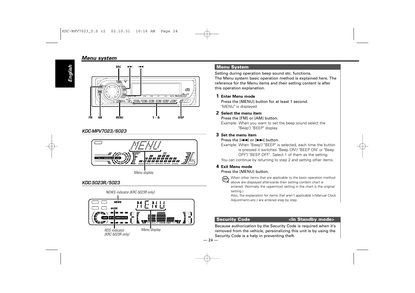 Menu system | Kenwood KDC-MPV7023 User Manual | Page 24 / 44