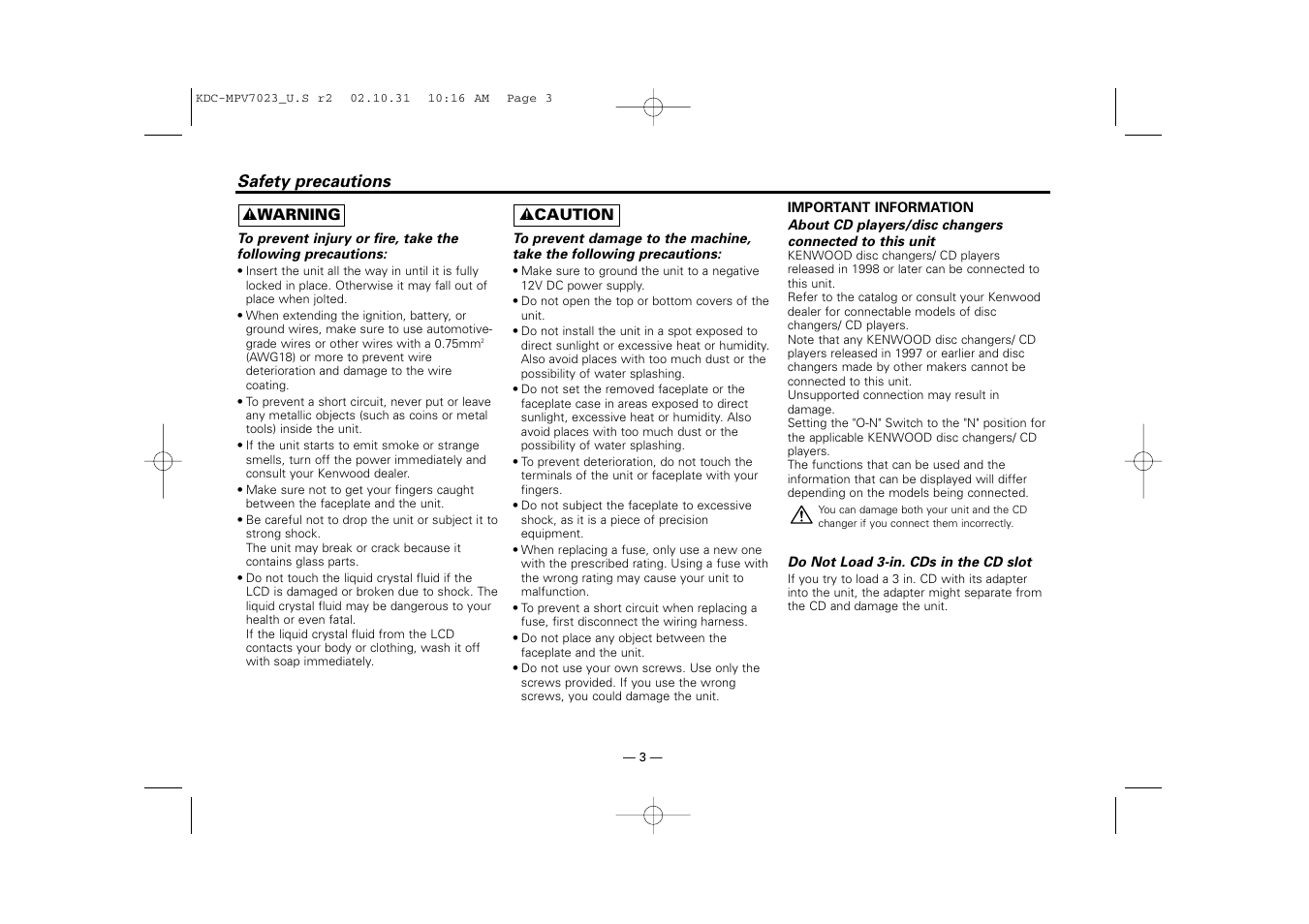 Safety precautions | Kenwood KDC-MPV7023 User Manual | Page 3 / 44