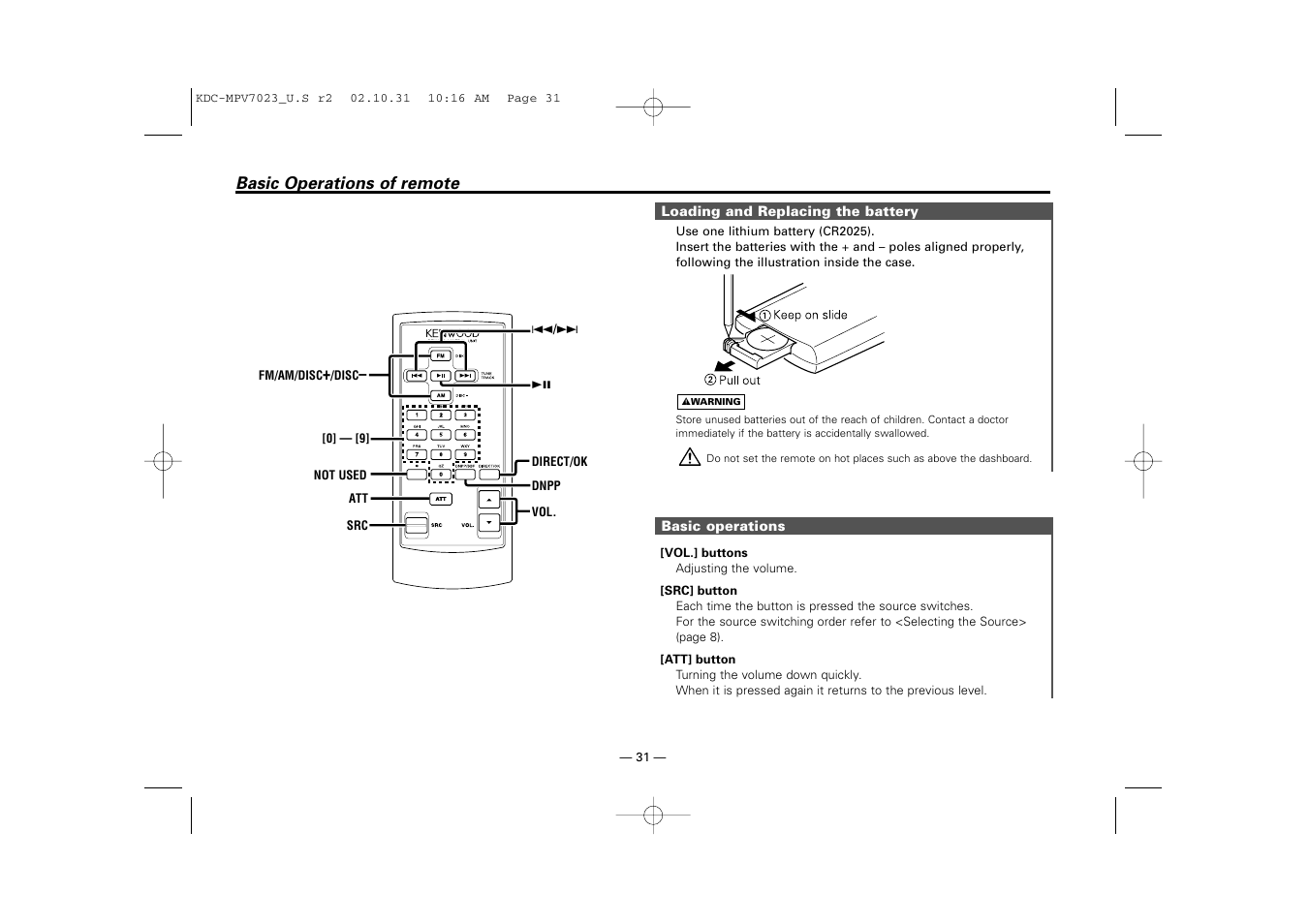 Basic operations of remote | Kenwood KDC-MPV7023 User Manual | Page 31 / 44