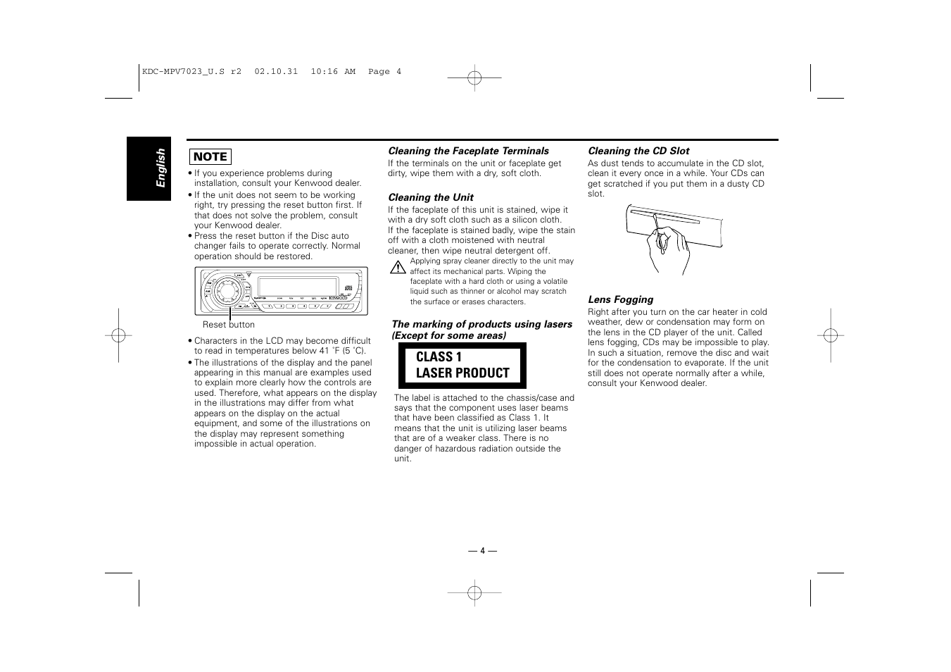 Class 1 laser product | Kenwood KDC-MPV7023 User Manual | Page 4 / 44