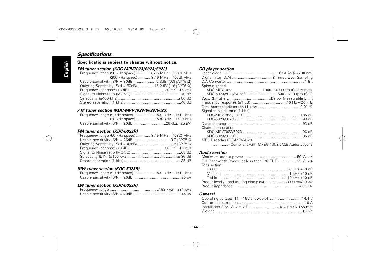 Specifications | Kenwood KDC-MPV7023 User Manual | Page 44 / 44