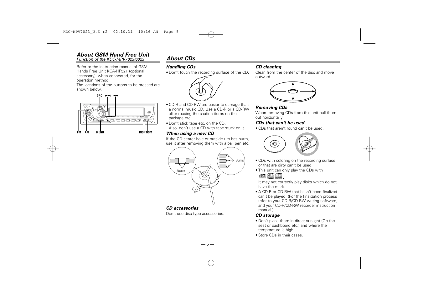 About gsm hand free unit, About cds | Kenwood KDC-MPV7023 User Manual | Page 5 / 44