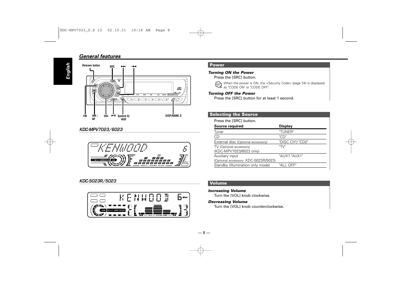 General features | Kenwood KDC-MPV7023 User Manual | Page 8 / 44