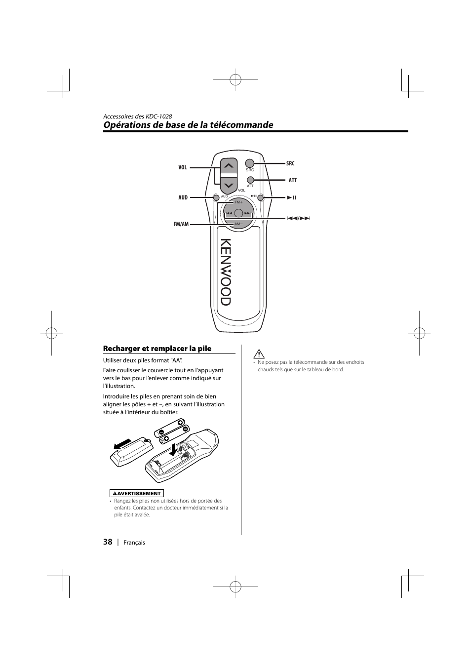 Opérations de base de la télécommande, Recharger et remplacer la pile | Kenwood KDC-128CR User Manual | Page 38 / 72