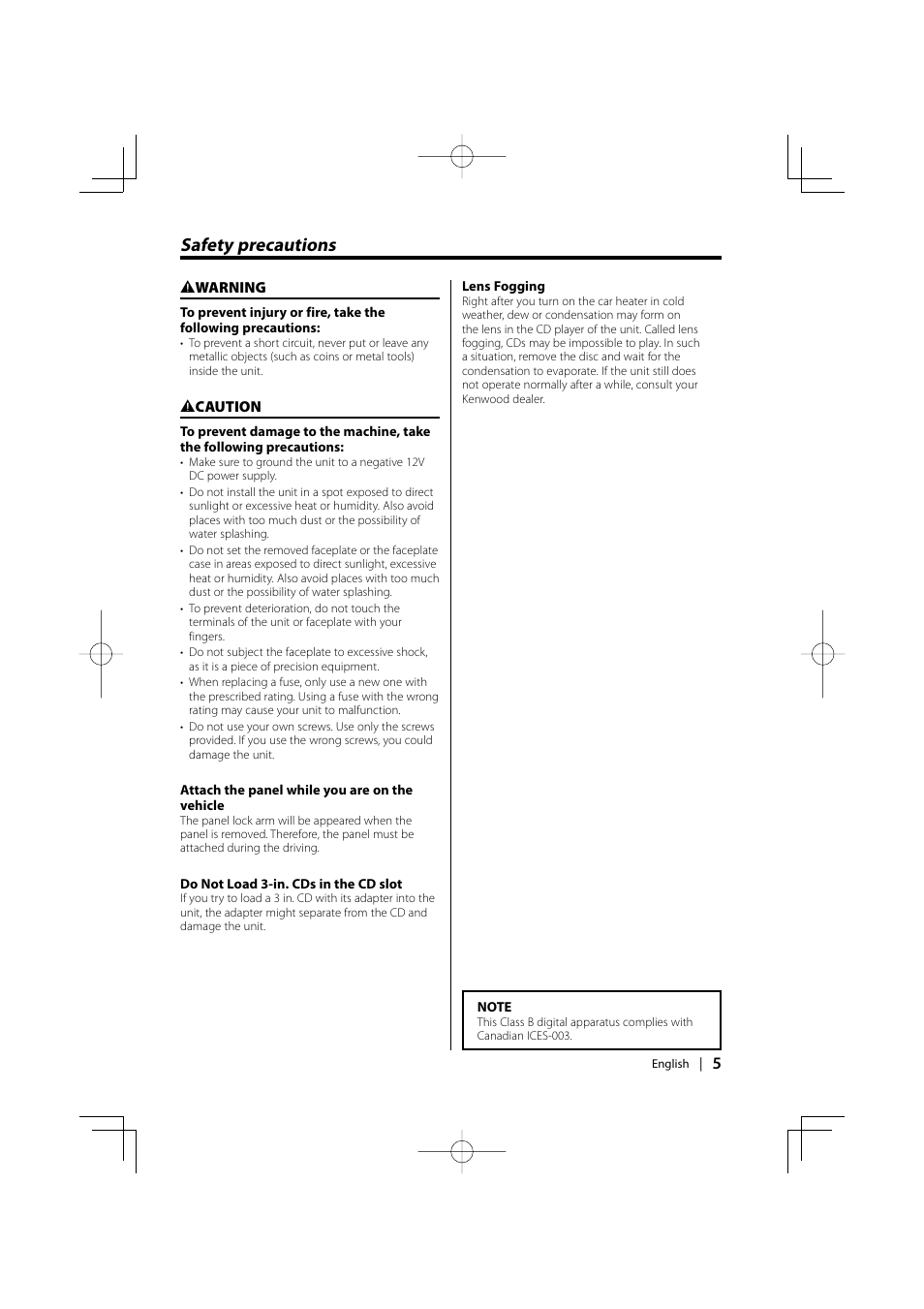 Safety precautions | Kenwood KDC-128CR User Manual | Page 5 / 72